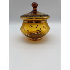 Romania Amber Candy Dish Bowl Gold Flowers Bands 7 1/4"